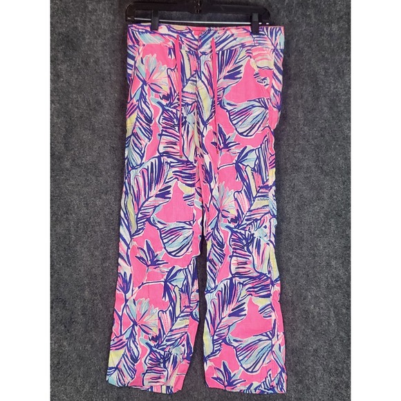 Lilly Pulitzer Linen Women's Pants Size 2 Pink Blue Floral Print Drawstring - Picture 1 of 10